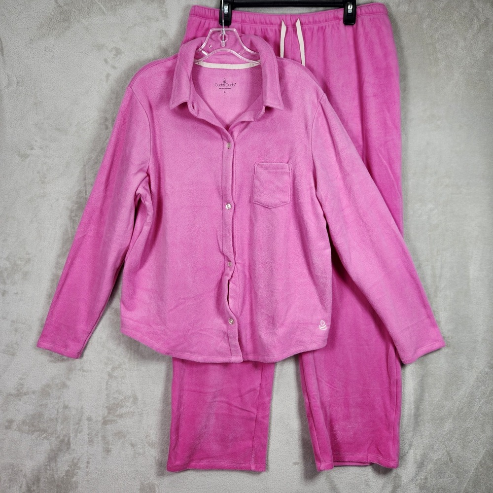 Cuddl Duds PJ Set Women Large Pink Fleecewear Stretch Notch Collar Comfy A662810